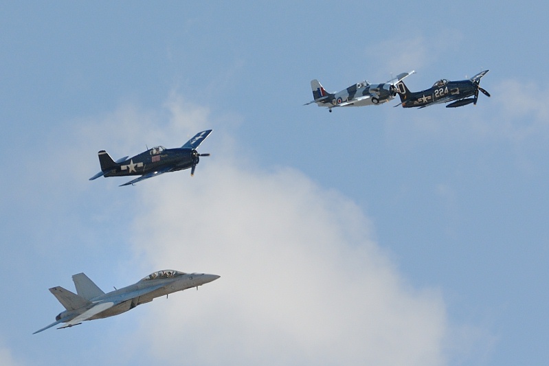 F18 & F6F Hellcat F4F Wildcat F8F Bearcat in formation at Miramar air show-03 10-12-07