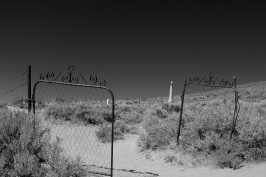 Cemetery entrance gate in Bodie-bw 6-8-07