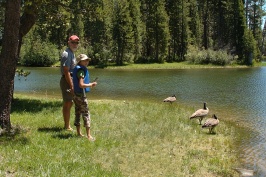 GL & Kady with Canada Geese on island in Lake Serena at Serene Lakes-04 7-29-07
