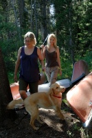Calla LC & Tammy walking around canoes at Serene Lakes-02 7-31-07