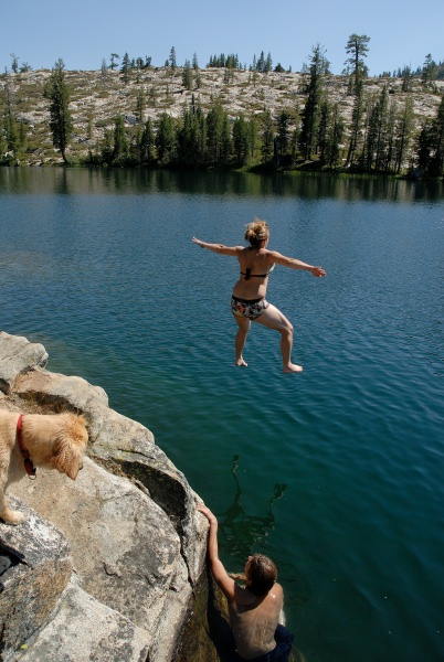 Shannon jumping off rocks into Long Lake near Serene Lakes-02 7-29-07