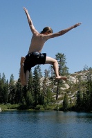 Brett jumping off rock into Long Lake near Serene Lakes-07-3 7-29-07
