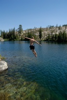 Brett jumping off rock into Long Lake near Serene Lakes-09 7-29-07