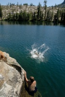 Shannon jumping off rocks into Long Lake near Serene Lakes-04 7-29-07
