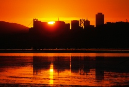 Sunset silhouette of SF skyline from Emeryville 12-85